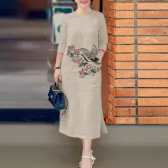 ZANZEA Women's Dresses Vintage Casual 3/4 Sleeve Round Neck Dress Floral Embroidery Split Shift Dresses