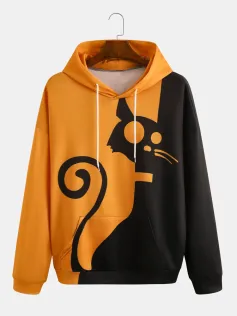 ChArmkpR Mens Contrast Cartoon Animal Print Patchwork Kangaroo Pocket Drawstring Hoodies
