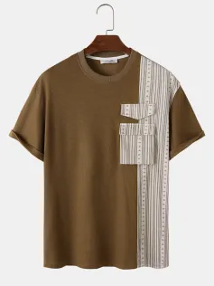 ChArmkpR Mens T-shirts Geometric Pattern Patchwork Flap Pocket Short Sleeve Tshirts