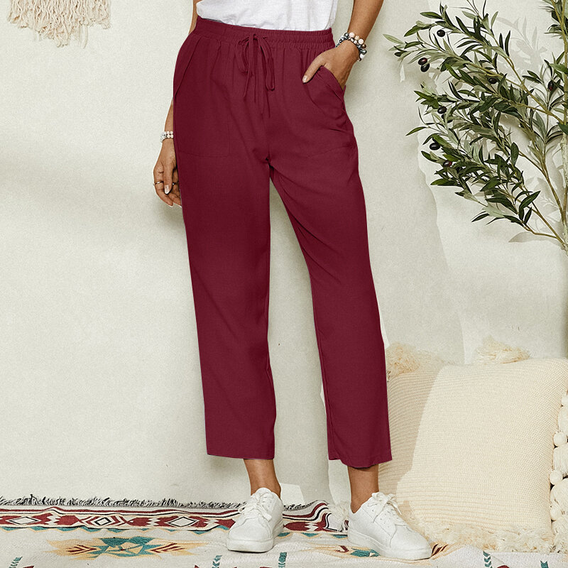 ZANZEA Women Casual Solid Color Elastic Waist Side Pockets Trouser Pants 5XL