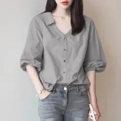 ZANZEA Women's Blouse Commute New Fashion Lantern Sleeve V-Neck Lapel Solid Office Top Shirt