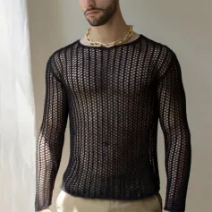 INCERUN Men T-Shirts Mesh Holloe Out Long Sleeve T-Shirts Fashion Solid Color Round-neck Summer Tee Mens Tops Daily