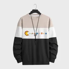 ChArmkpR Mens Cartoon Planet Print Color Block Patchwork Pullover Sweatshirts