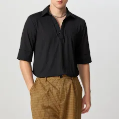 INCERUN Mens Solid Textured Casual Short Sleeve Shirt Fashion V-neck Lapel Top for Male