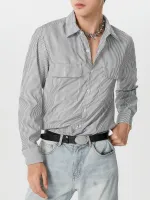 INCERUN Mes Daily Casual Striped Shirt with Double Breast Pocket
