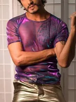 Men Shiny Shimmer Sheer Mesh See Through Short Sleeve T-Shirt