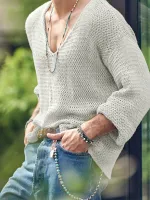 Mens Solid Long Sleeve V-neck T-shirt
