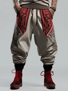 ChArmkpR Mens Pants Ethnic Tribal Print Patchwork Loose Drawstring Waist Trousers