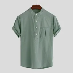 INCERUN Mens Shirts Cotton Solid Color Chest Pocket Casual Henley Shirts