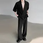 INCERUN Men's Two-piece Outfits, Suit Collar Draped Short Sleeve Shirt + Pant, Casual Comfy Loose Suits For Summer