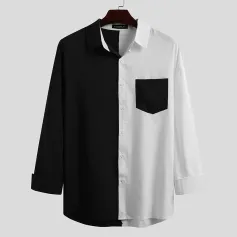 Men Contrast Patchwork Single Pocket Breathable Leisure Shirts
