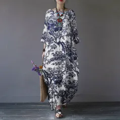 ZANZEA Tree Print Side Pockets O-neck 3/4 Sleeve Cotton Long Dress