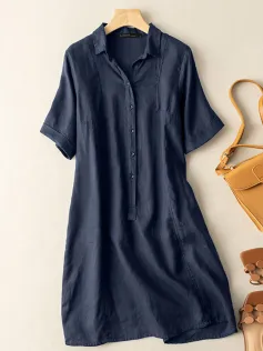 ZANZEA Solid Button Front Short Sleeve Lapel Shirt Dress