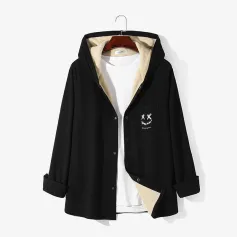 Chaqueta con capucha y forro de felpa con botones a presión bordados con cara sonriente para hombre de ChArmkpR