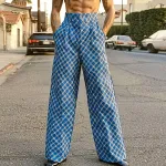 INCERUN Mens Diamond Print High-Waist Pant Fashion Solid Color Loose Fit Straight Trousers with Side Pockets