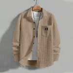 ChArmkpR Mens Solid Texture Chest Pocket Lapel Long Sleeve Shirts