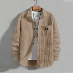 ChArmkpR Mens Solid Texture Chest Pocket Lapel Long Sleeve Shirts