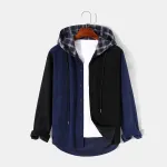 Mensclo Mens Patchwork Button Up Corduroy Preppy Plaid Hooded Shirts