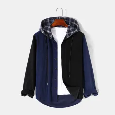 Mensclo Mens Patchwork Button Up Corduroy Preppy Plaid Hooded Shirts
