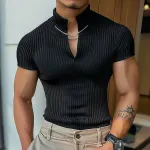 INCERUN Men's Solid Color Knitted Half Turtleneck Chain Deco Short Sleeve T-Shirt