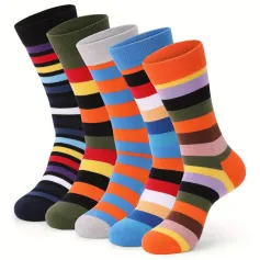 5 Pairs Men's Cotton Stripe Socks Funny Crew Bright Color Block Personality Mid Long Tube Skateboard Socks Unisex