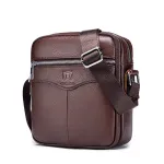 BULLCAPTAI Genuine Leather Men's Shoulder Bag Cowhide Messenger Bags Fashion Male Causal Small Double Zipper Crossbody Bag Short-distance Compact Mini Travel Bag