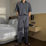 INCERUN Men Two Pieces Set Fashion-forward Males' Korean Style Short Sleeve Shirt + Pants Solid Color Clothing Casual Set