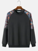 ChArmkpR Mens Pullover Hoodies Ethnic Pattern Patchwork Raglan Sleeve Round Neck Sweatshirts