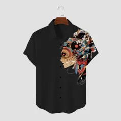 ChArmkpR Mens Shirts Ethnic Figure Side Print Lapel Short Sleeve Black Shirts