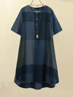 Women Vintage Plaid Print Button Front O-Neck Short Sleeve Loose Casual Shirt Dress With Pocket