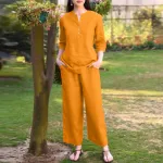 ZANZEA Women Vintage Daily Pockets Elastic Waist Solid Color Tops Trousers Solid Color Two-Piece Set