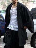 Mens Solid Cotton Loose 3/4 Sleeve Kimono