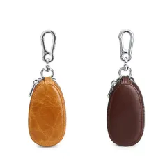 Ekphero Men Genuine Leather Mini Car Key Case Minimalist Zipper Key Holder Storage Bag for Men Double Layer Key Slot Bag with Key Chain