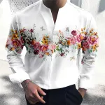 INCERUN Men Floral Print V-Neck Long Sleeve Shirt Comfy Loose Fit Casual White Shirt Beach Mens Top Plus Size, Spring Fall