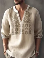 Mens Vintage Plant Print Half Button Long Sleeve Henley Shirts