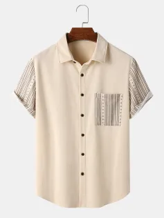 Mens Ethnic Pattern Chest Pocket Corduroy Short Sleeve Shirts