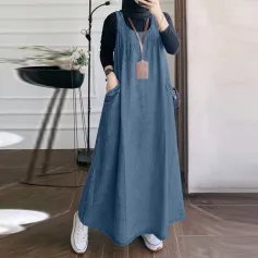 ZANZEA Women Fashion Denim Overalls Dress Summer Sleeveless Casual Loose Sundress Solid Color Maxi Dress With Pockets