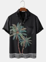 Mens Coconut Tree Print Revere Collar Vacation Short Sleeve Shirts