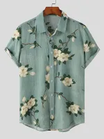 INCERUN Mens Cotton Linen Shirt Ethnic Floral Print Short Sleeve Beach Shirt