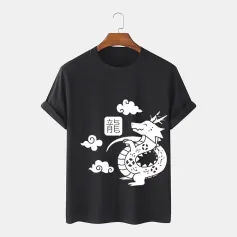 ChArmkpR Mens Cartoon Chinese Dragon Print Crew Neck Short Sleeve T-Shirts