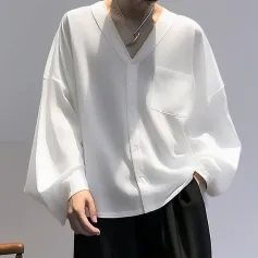 INCERUN Men Shirts Casual Blue Shirts Daily Long Sleeve White Shirts Solid Color V-neck Orange Shirts Summer Comfy Top with Breast Pocket