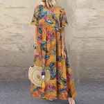 ZANZEA Womens Summer Short Sleeve Printed Swing Long Maxi Dress Holiday Beach Sundress