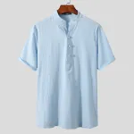 INCERUN Mens Shirts Vintage Chinese Style Cotton Solid Color Stand Collar Casual Summer Shirts