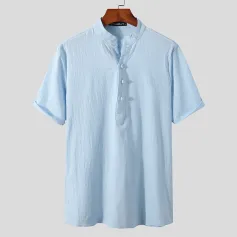 INCERUN Mens Shirts Vintage Chinese Style Cotton Solid Color Stand Collar Casual Summer Shirts