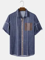 ChArmkpR Mens Contrast Striped Patchwork Chest Pocket Casual Short Sleeve Shirts