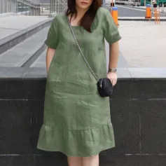 ZANZEA Women's Dresses Summer Vintage Casual Lantern Sleeve Ruffled Trim Square Neck Loose Solid Dress