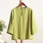 ZANZEA Women Button Summer O-Neck 3/4 Sleeve Solid Blouses Casual Cotton Linen Shirts for Women Loose Fit