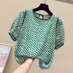 ZANZEA Females Polka Dot Top with Back Tie Lantern Sleeve and Open-Front Design, Womens Crew Neck Blouses Short Sleeve Shirts Plus Size S-5XL