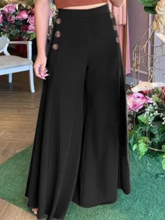 ZANZEA Plus Size Women Pants Solid Color Side Button Elastic Waist Loose Casual Wide Leg Pants With No Pocket