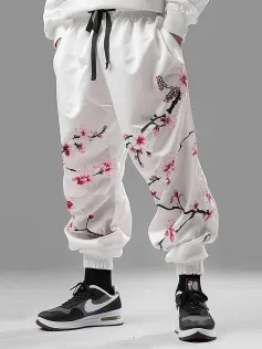 ChArmkpR Mens Pant Japanese Floral Print Drawstring Waist Loose Elastic Cuff Trousers
